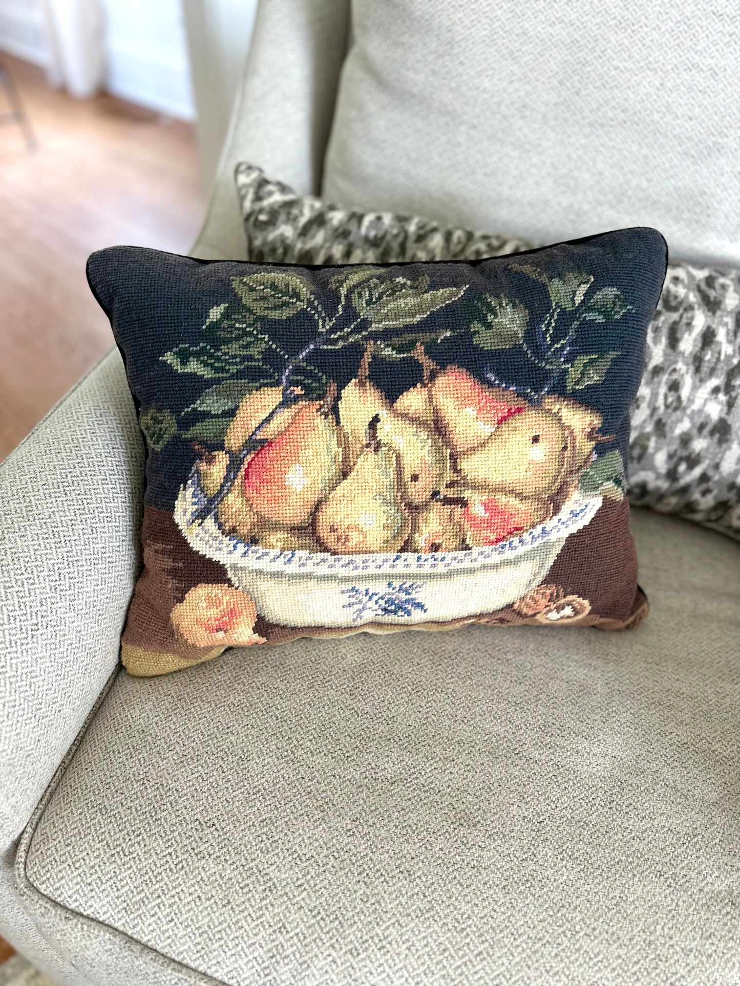 Vintage fruit bowl needlepoint pillow