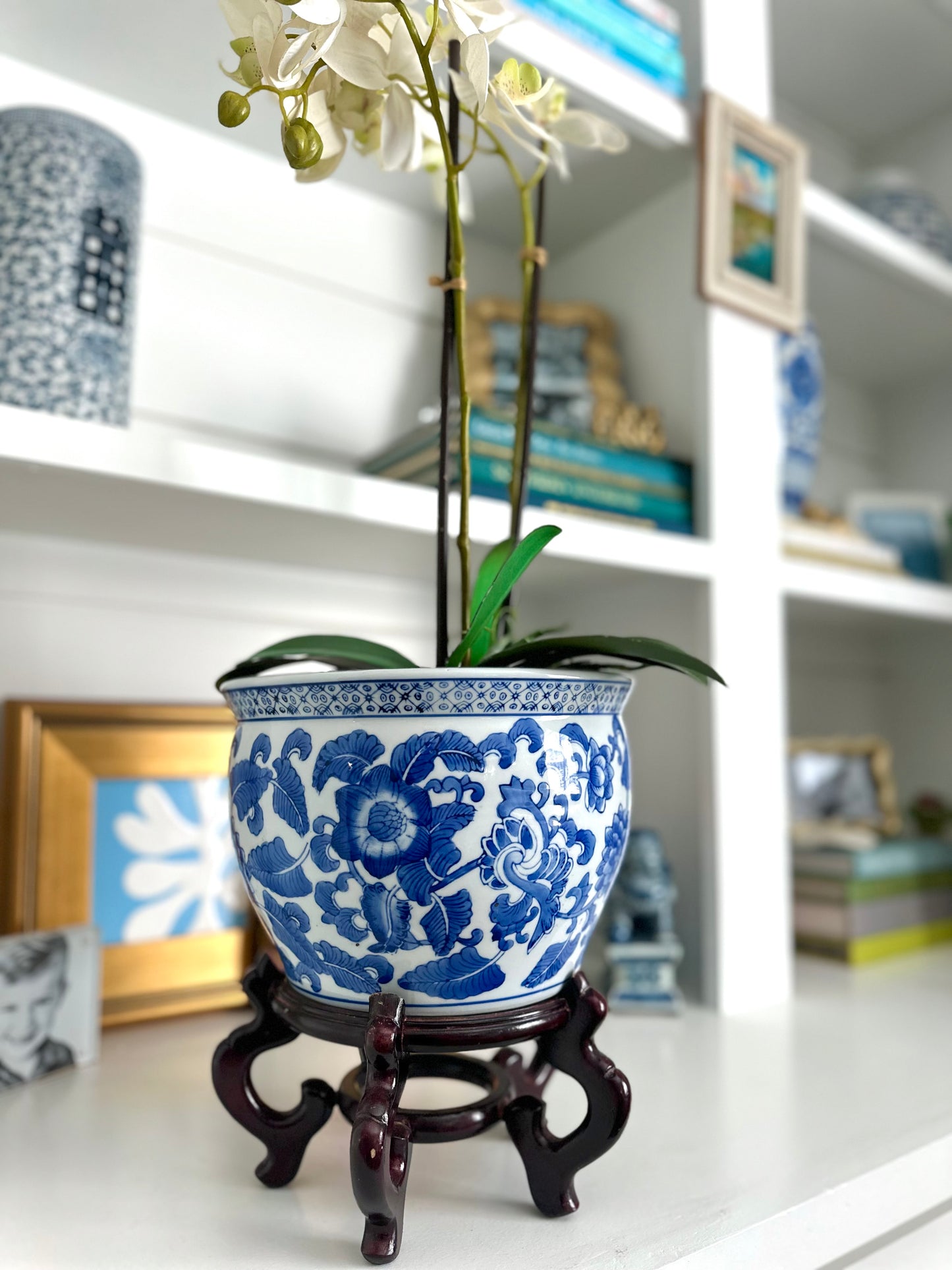 Blue & White Faux Floral Planter