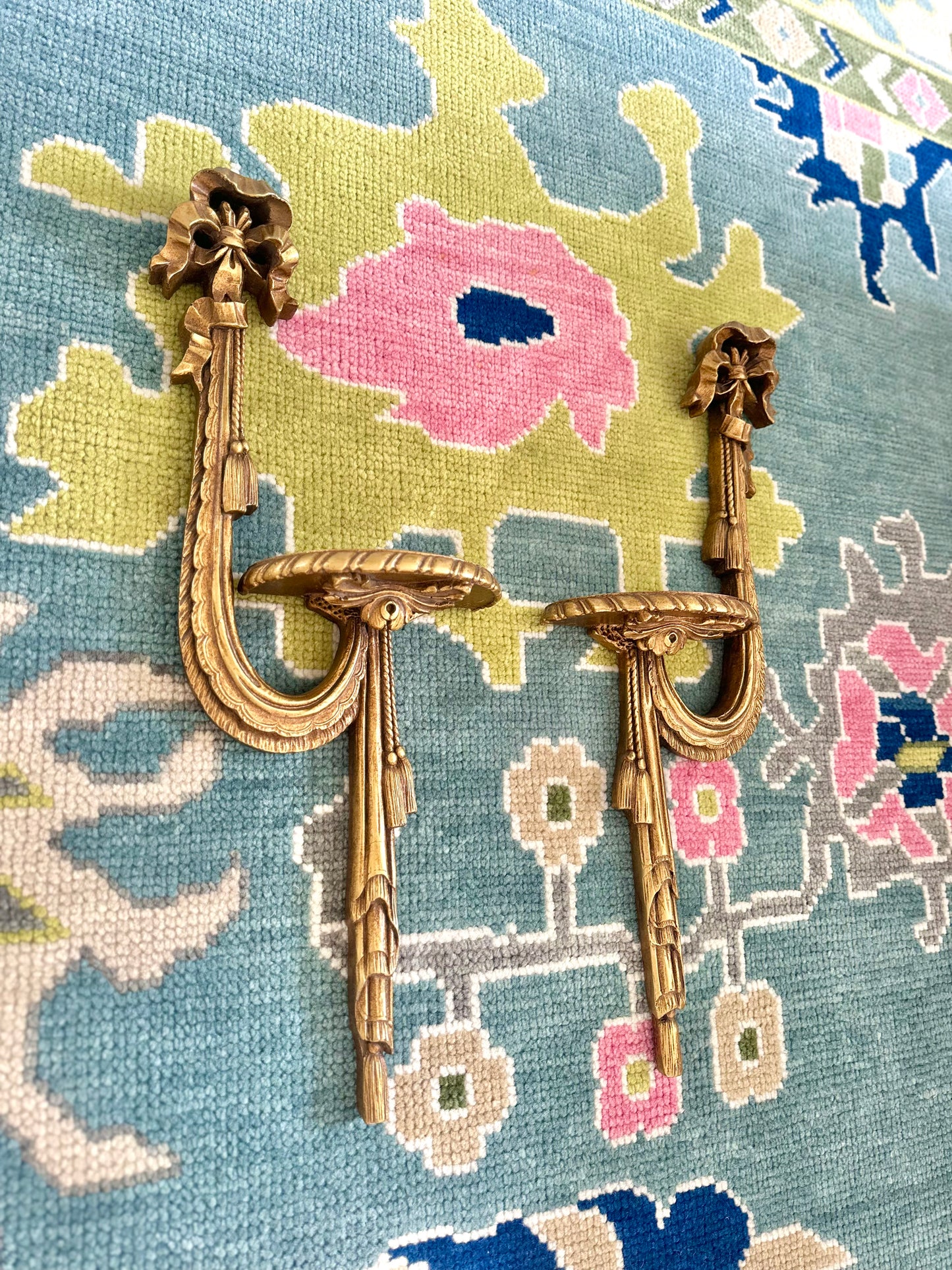 Vintage Italian Ribbon and Tassel Wooden Wall Sconces