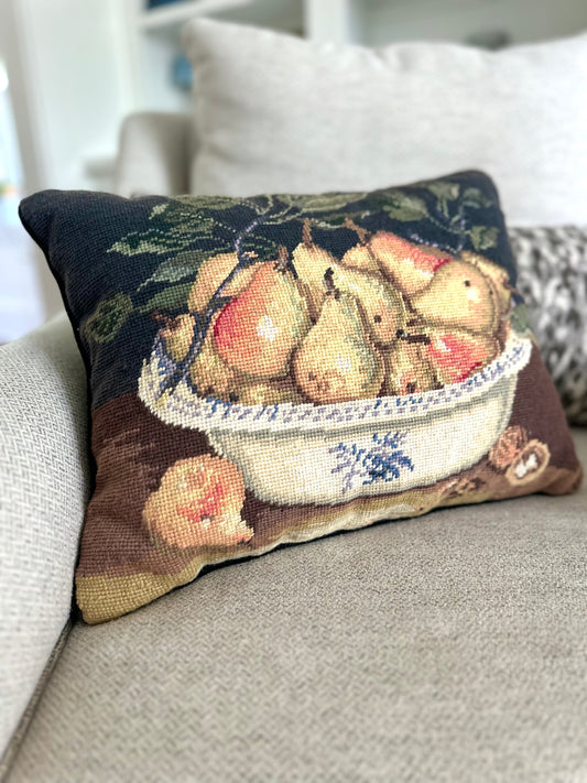 Vintage fruit bowl needlepoint pillow