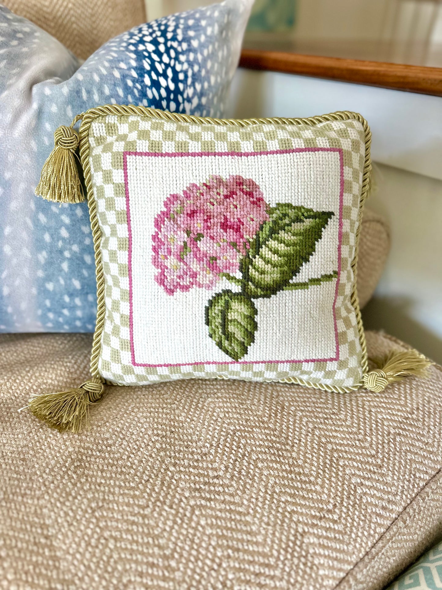Floral Needlepoint Pillow with Tassels