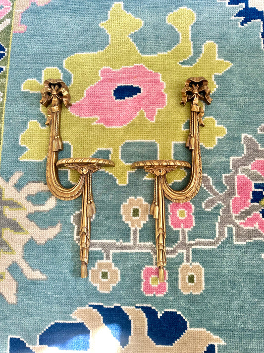 Vintage Italian Ribbon and Tassel Wooden Wall Sconces